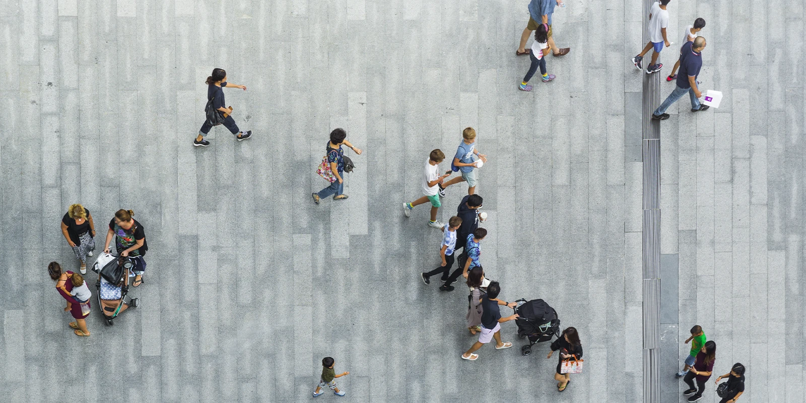 aerial view of pedestrians walking in the street