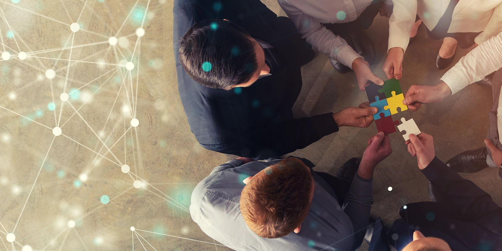 Group of people standing and talking with abstract data point overlaid